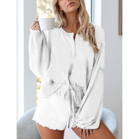 Women’s Ruffle Long Sleeve Top & Shorts Pajama Set – White, Size XL - Picture 2 of 5